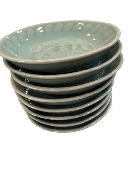 Longquan Celadon Green Koi Fish 4 inch Round Sauce Dip Dish Set of 8 Dishes
